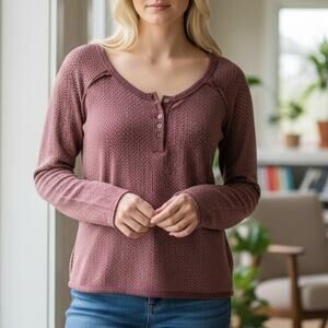 POL Reverse Hem Henley Top Womens Small Mauve Oversized Distressed Casual Tee